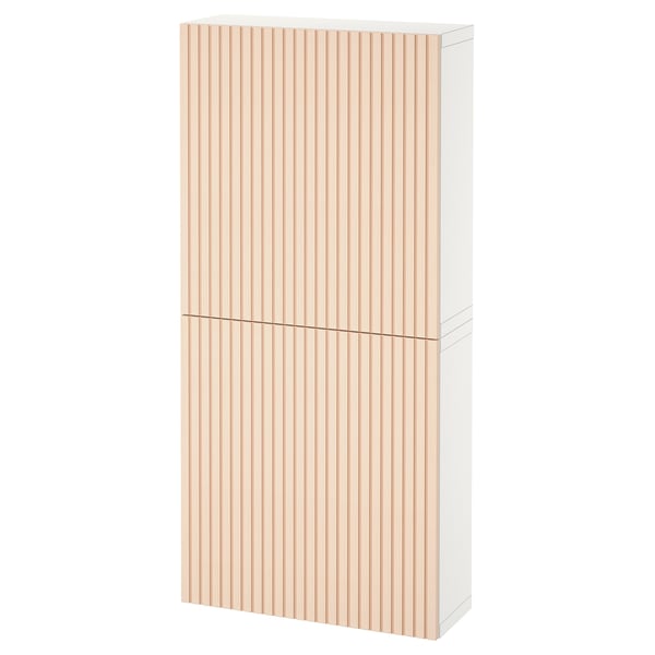 An off-white ikea BESTÅ cabinet with vertical wooden slats and adjustable doors.