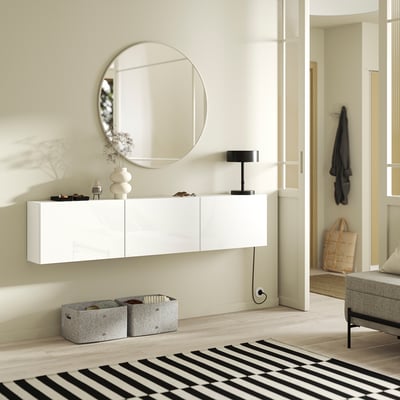 BESTÅ Wall-mounted cabinet combination, white/Selsviken high-gloss white, 180x22x38 cm