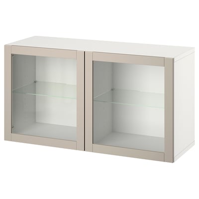 BESTÅ Wall-mounted cabinet combination, white Sindvik/light grey/beige clear glass, 120x42x64 cm