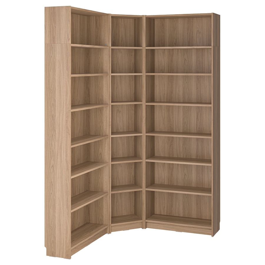 BILLY bookcase corner comb w ext units, oak effect, 136/136x28x237 cm