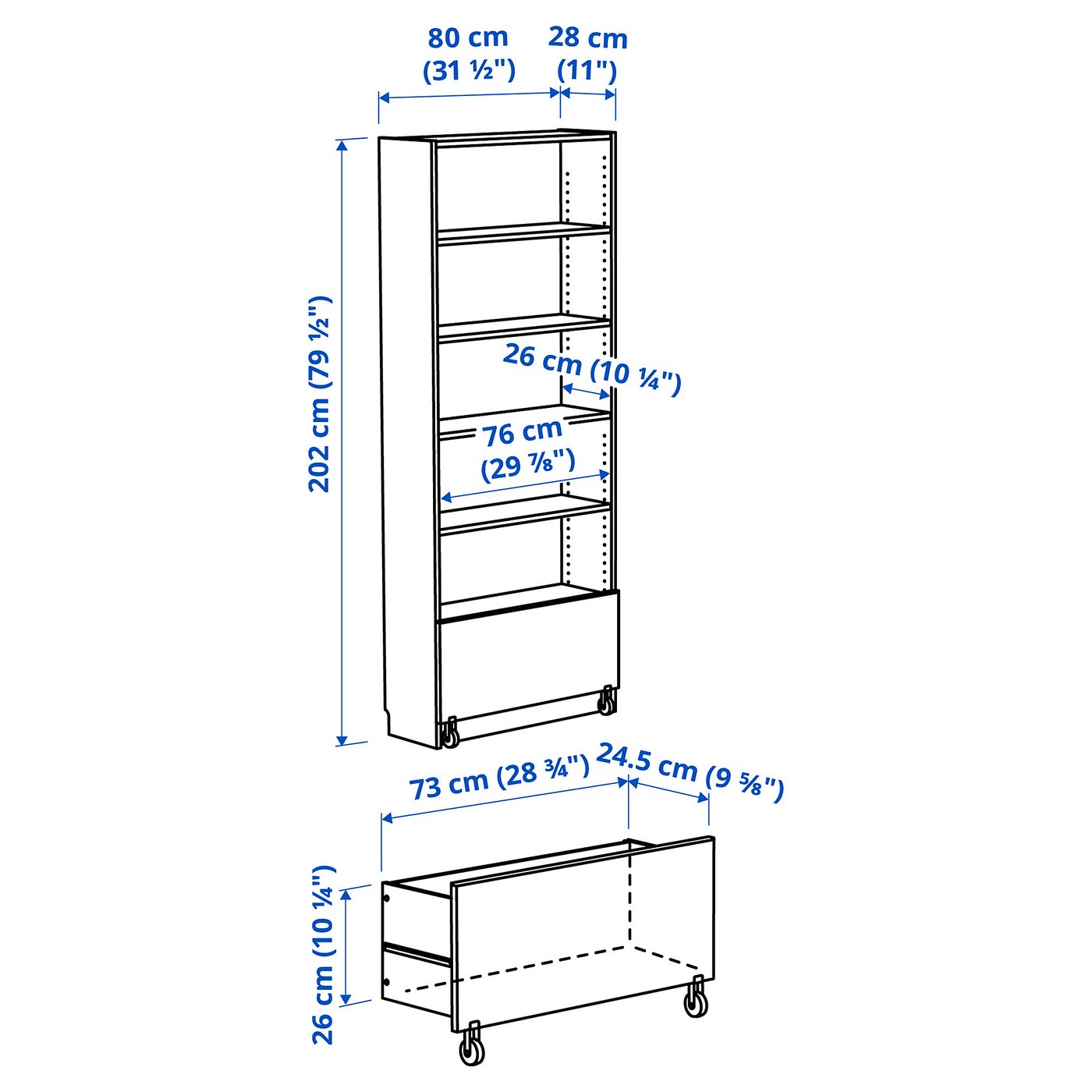BILLY Bookcase with drawer white 80x30x202 cm (31 1/2x11 3/4x79 1/2 