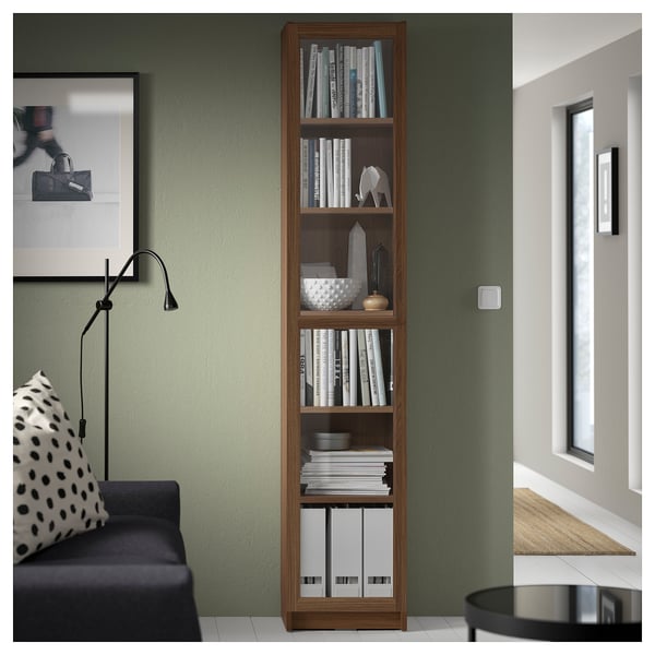 BILLY / OXBERG Bookcase with glass door, brown walnut effect/clear glass, 40x30x202 cm