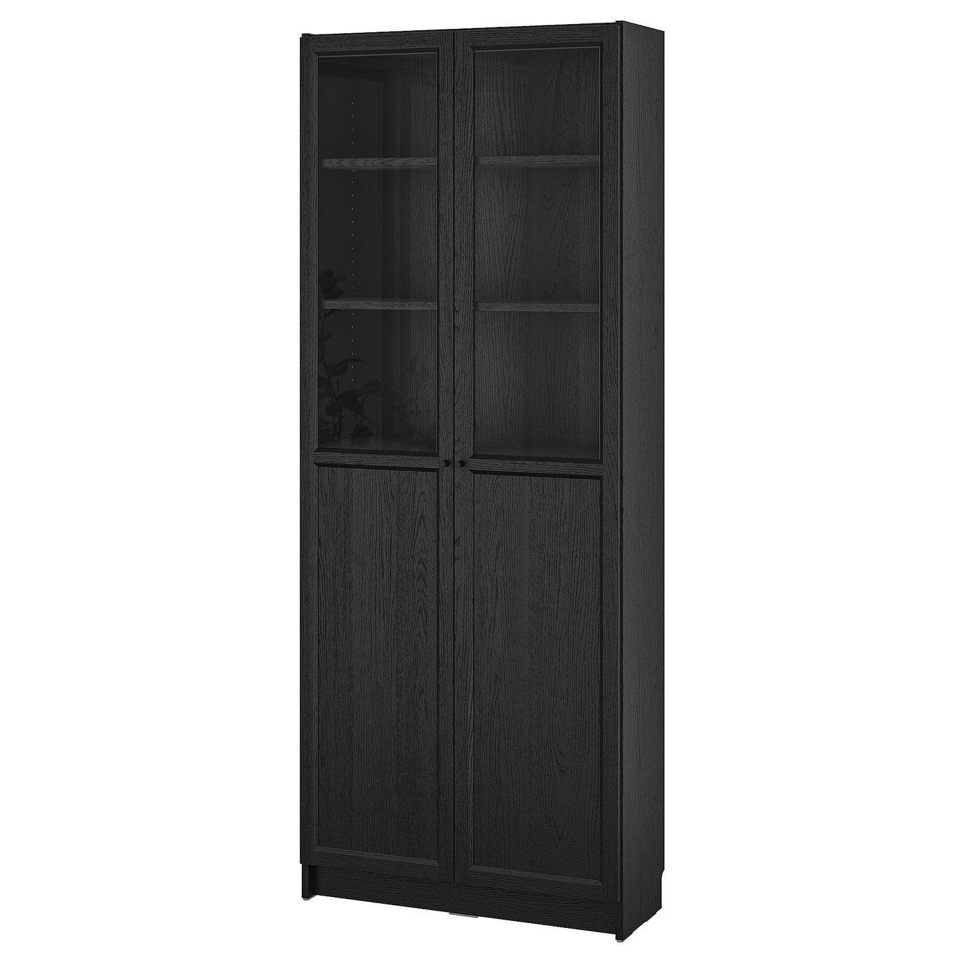 BILLY / OXBERG bookcase with panel/glass doors, black oak effect