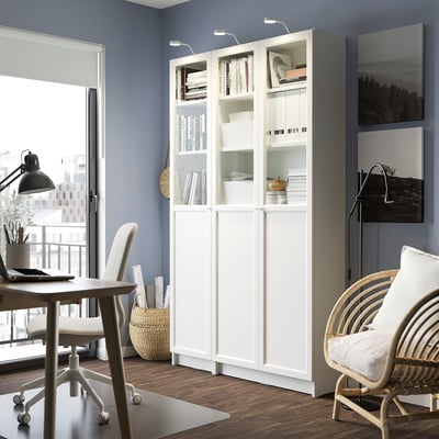BILLY / OXBERG Bookcase with panel/glass doors, white/glass, 120x30x202 cm
