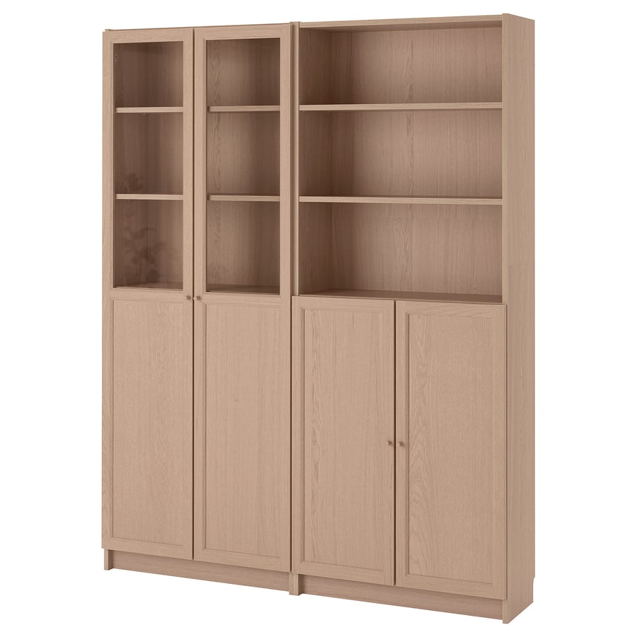 BILLY / OXBERG Bookcase with panel/glass doors, white stained oak