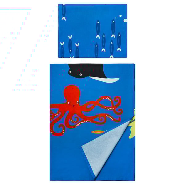 BLÅVINGAD Flat sheet and pillowcase, animal/blue ocean, 150x250/50x80 cm