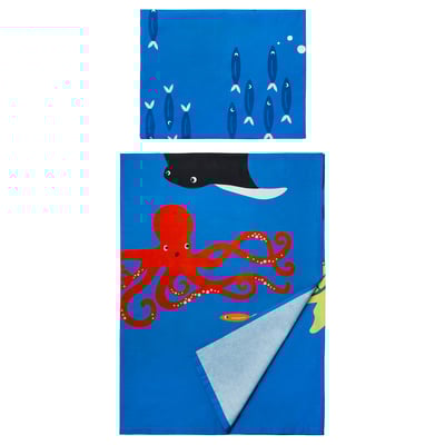 BLÅVINGAD Flat sheet and pillowcase, animal/blue ocean, 150x250/50x80 cm