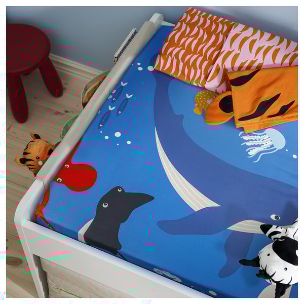 BLÅVINGAD Flat sheet and pillowcase, animal/blue ocean, 150x250/50x80 cm