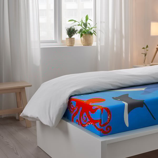 BLÅVINGAD Flat sheet and pillowcase, animal/blue ocean, 150x250/50x80 cm