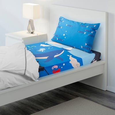 BLÅVINGAD Flat sheet and pillowcase, animal/blue ocean, 150x250/50x80 cm