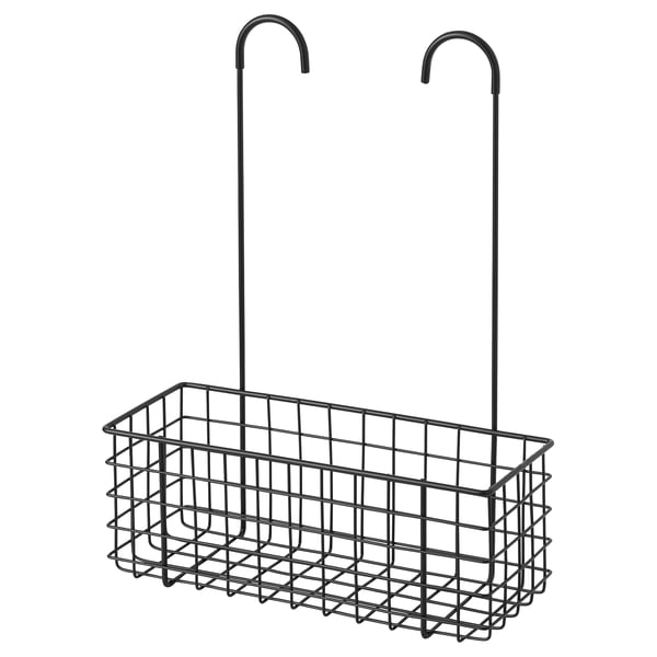 Black wire hanging basket with two hooks for bathroom storage.