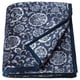 This image depicts a folded, blue, patterned blanket named BLIXABACKEN, featuring a floral design, made of recycled polyester.