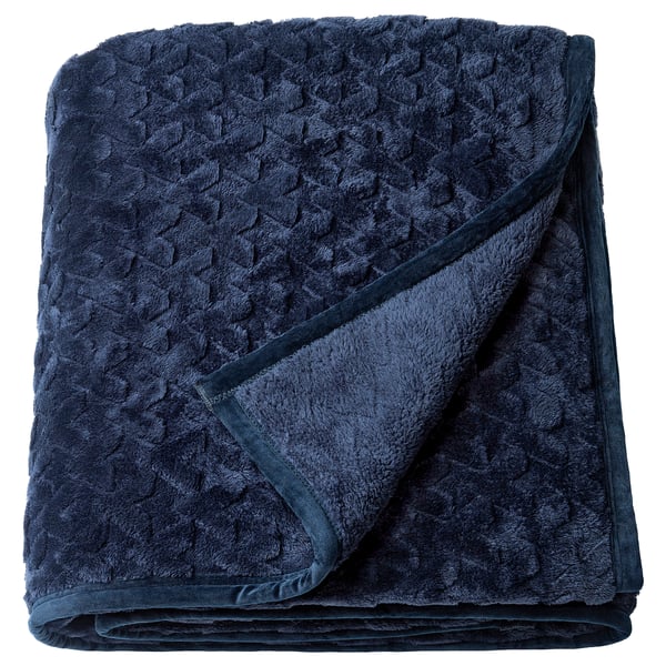Dark blue BLIXABACKEN blanket, recycled polyester, texture & smooth lining. Geometric pattern, neatly folded.