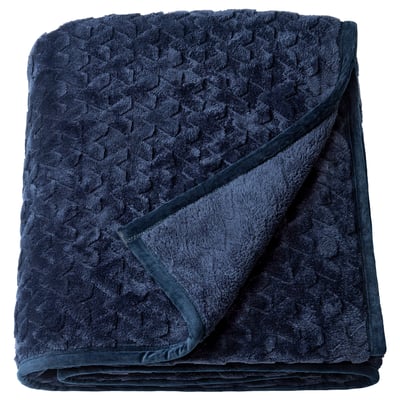 Dark blue BLIXABACKEN blanket, recycled polyester, texture & smooth lining. Geometric pattern, neatly folded.