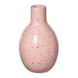 This image a pink vase named BLODBJÖRK, adorned with blue dots, made of stoneware, with a rounded shape and narrow neck.