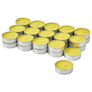 Yellow candles in metal holders, lemon & lemongrass scented, plant-based wax.