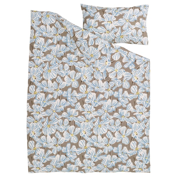 BÖNTRÄD duvet cover, light blue flowers on grey, 100% cotton.