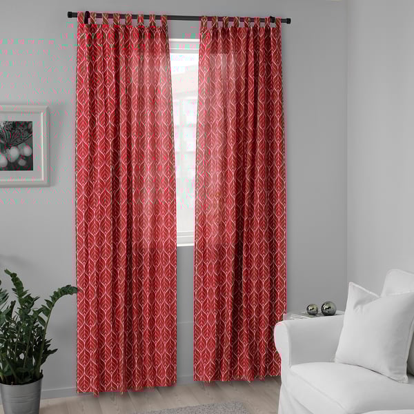 BRITTKARIN Curtains, 1 pair, red leaf pattern/with tab top, 145x150 cm