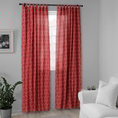 BRITTKARIN Curtains, 1 pair, red leaf pattern/with tab top, 145x150 cm
