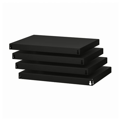 Four black BROR shelves stacked. These metal shelves are strong and durable, suitable for heavy loads and moisture-resistant.