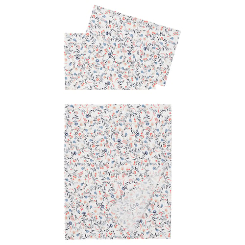 Image shows white cotton bedding set with blue and orange floral patterns, including a flat sheet and folded pillowcases.