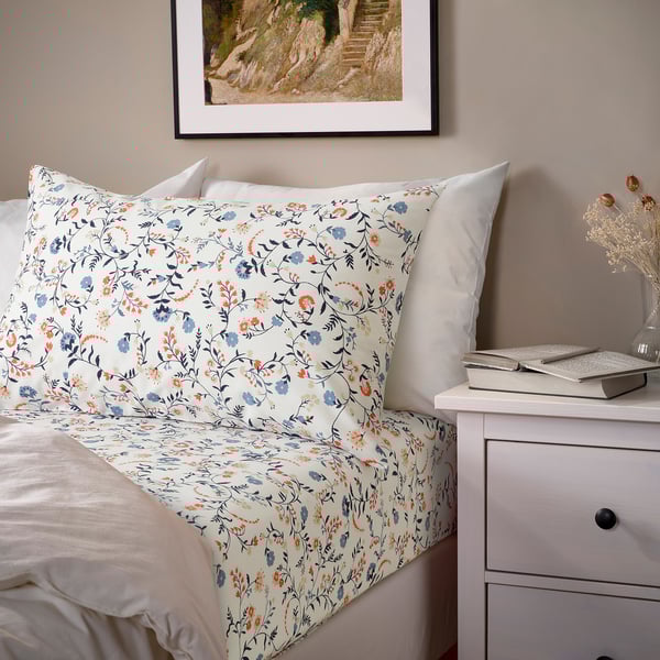 BRUDKRUSBÄR Flat sheet and pillowcase, white/multicolour, 150x260/50x80 cm