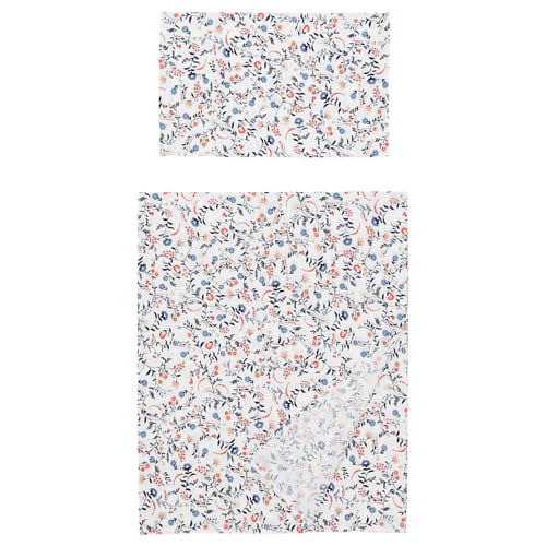 This image shows a white bedding set with blue and orange floral patterns. Includes a flat sheet and pillowcases, made of 100% cotton.