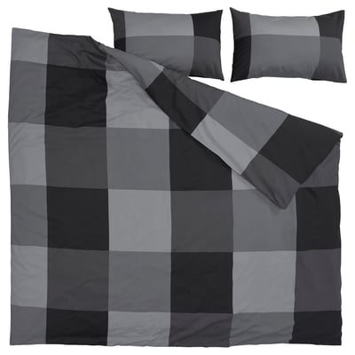 A BRUNKRISSLA grey duvet cover with matching pillowcases, featuring a square check pattern. Made from 54% cotton and 46% viscose.