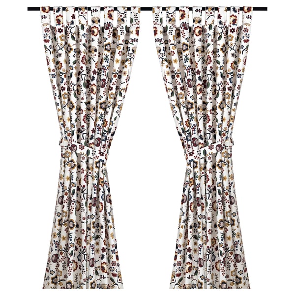 BRUNÖRT Curtains with tie-backs, 1 pair, multicolour/with tab top, 145x150 cm