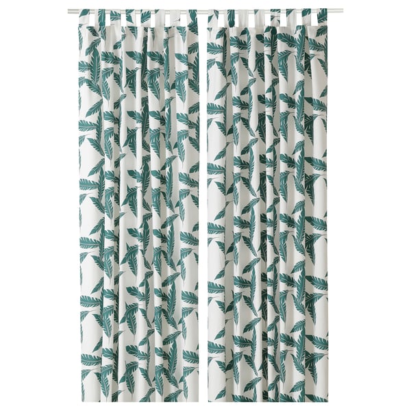 BUSKMÄTARE Curtains, 1 pair, white/green leaf pattern/with tab top, 145x150 cm
