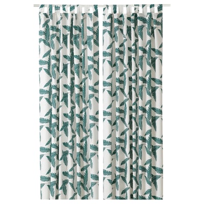 BUSKMÄTARE Curtains, 1 pair, white/green leaf pattern/with tab top, 145x150 cm