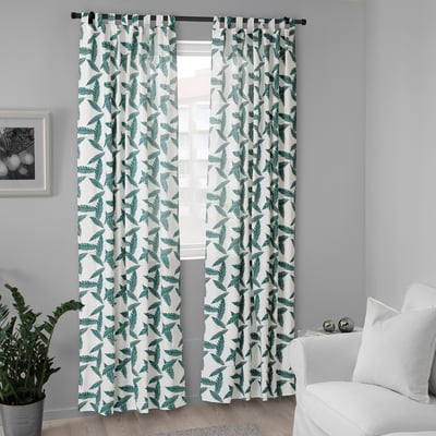 BUSKMÄTARE Curtains, 1 pair, white/green leaf pattern/with tab top, 145x150 cm