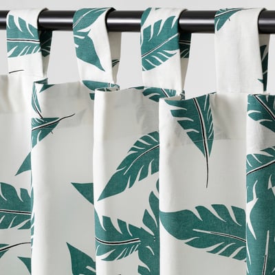 BUSKMÄTARE Curtains, 1 pair, white/green leaf pattern/with tab top, 145x150 cm