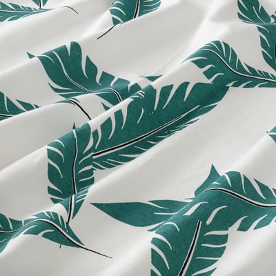 BUSKMÄTARE Curtains, 1 pair, white/green leaf pattern/with tab top, 145x150 cm