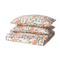 Bright, DAGGSALVIA floral bedding set with pink flowers, green leaves on white background, soft, folded neatly.