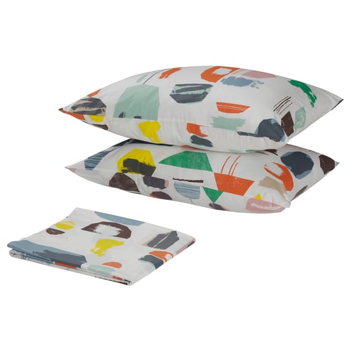 DOFTKLINT bedding set with colourful shapes on white cotton.