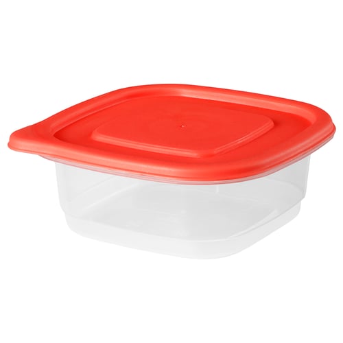 A red plastic food container with a clear base, square-shaped, designed for storing food in the fridge or cabinets.