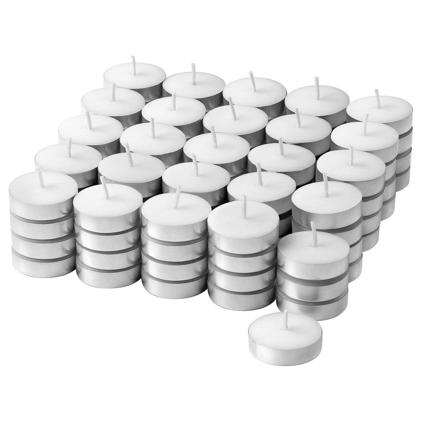 A collection of 36 white tealight candles, neatly stacked in silver metallic cups, arranged in rows. Ideal for atmospheric decoration.