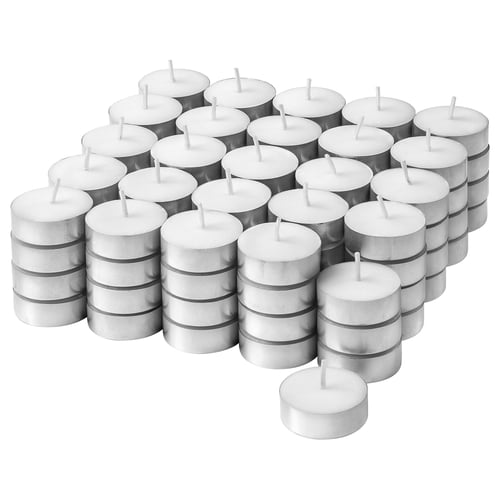 Collection of 48 white round tealight candles, stacked neatly in metal cups.