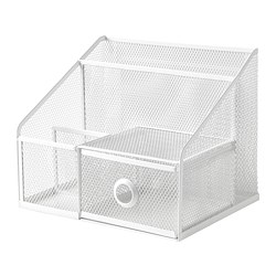 White mesh desk organiser, DRÖNJÖNS, three tiers, one drawer, modern design.