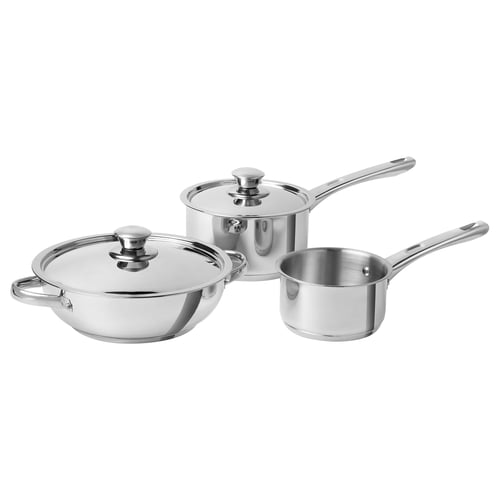This image shows a stainless steel cookware set, consisting of a wok and two saucepans, each with lids, designed for various cooking methods.