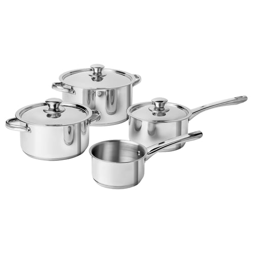 Set of stainless steel pots and pans, shiny silver, various sizes, lids included, modern professional design.