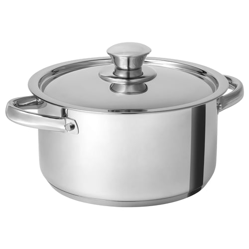 Silver pots with stainless steel, wide base, two handles, glass lid.