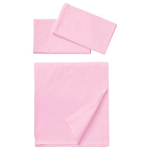 Folded light pink DVALA cotton bed sheet set. Two pieces: a flat sheet and a pillowcase, neatly arranged.