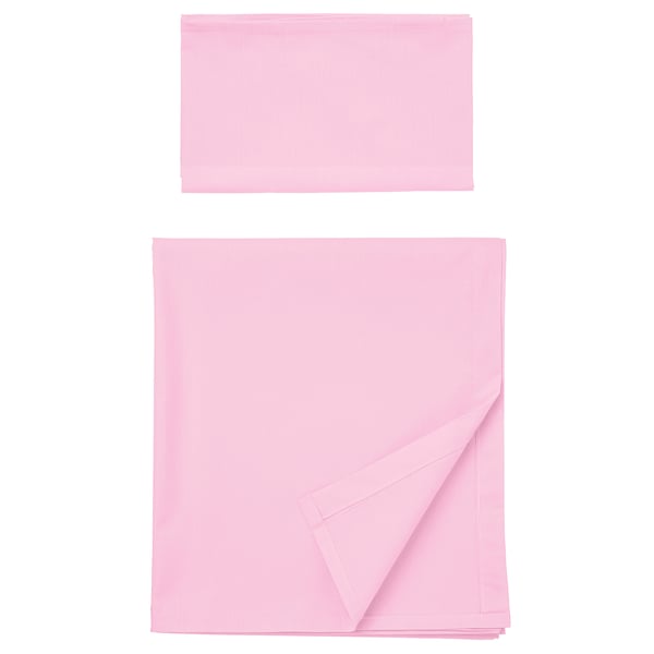 A pink DVALA cotton sheet set, laid flat, featuring a solid colour, rectangular design with a neatly folded corner.