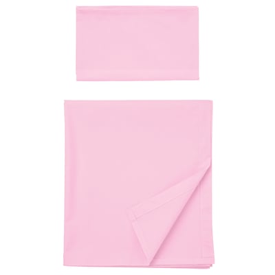 A pink DVALA cotton sheet set, laid flat, featuring a solid colour, rectangular design with a neatly folded corner.