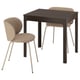 Dark wood square dining table with two beige fabric chairs; modern, minimalist design.