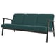 Green fabric sofa with wooden legs, 3-seater, mid-century design.