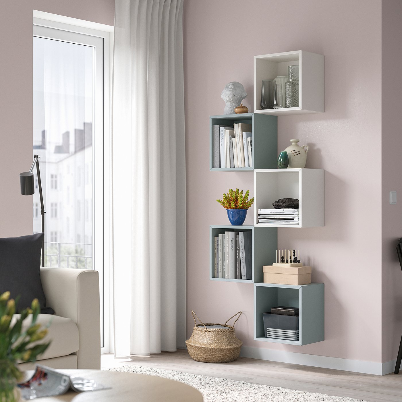 IKEA　飾り棚 EKET wall-mounted storage combination, white/light grey-blue - IKEA