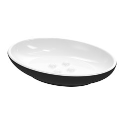 EKOLN soap dish, white with black rim, oval, stoneware & polyurethane paint, holds soap & jewellery.
